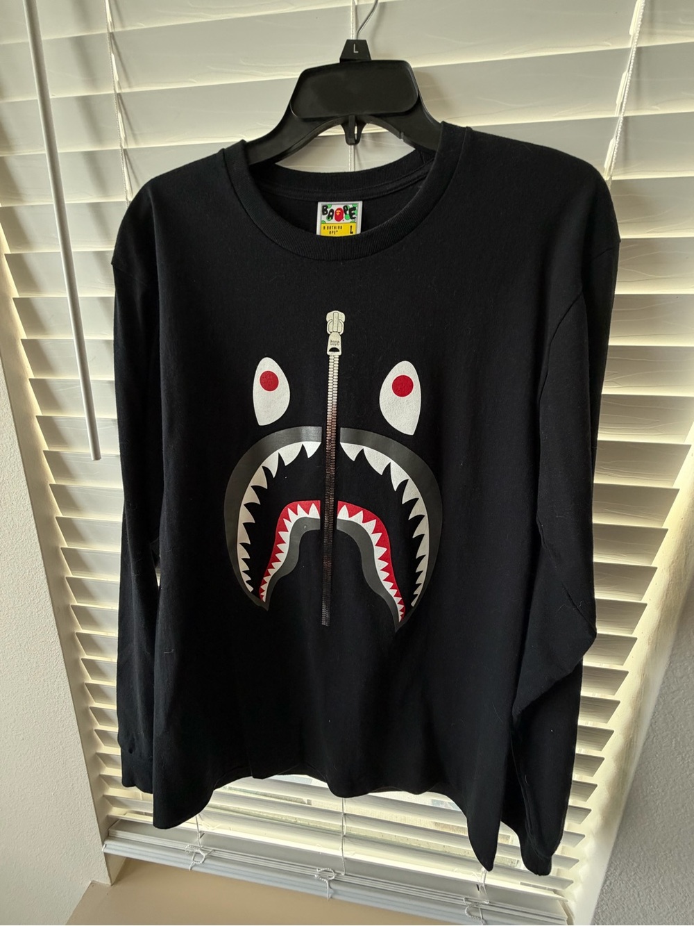 Bape Black Long Sleeve Shark Tee with Red and White Accents